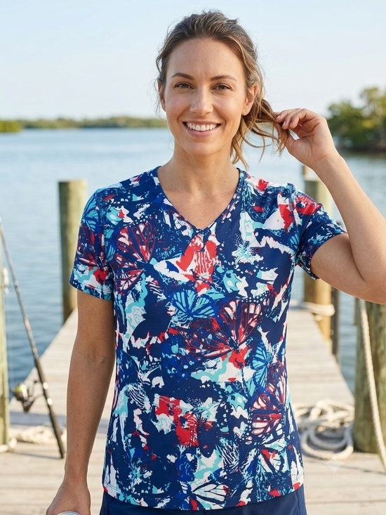 Reel Legends Tops - REEL LEGENDS Freeline Butterfly Performance Shirt Top V-Neck Blue Pink XXL